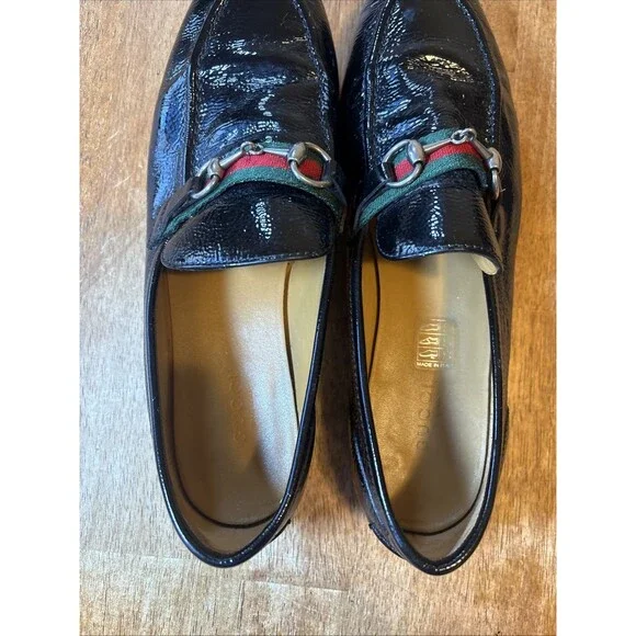 Gucci Loafers Web Grossgain Horsebit Black Patent Flats Shoes Sz 37.5 Mocassins - Picture 6 of 8